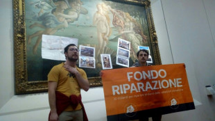 Militantes ecologistas cubren con fotos sobre el cambio climatico un lienzo de Botticelli